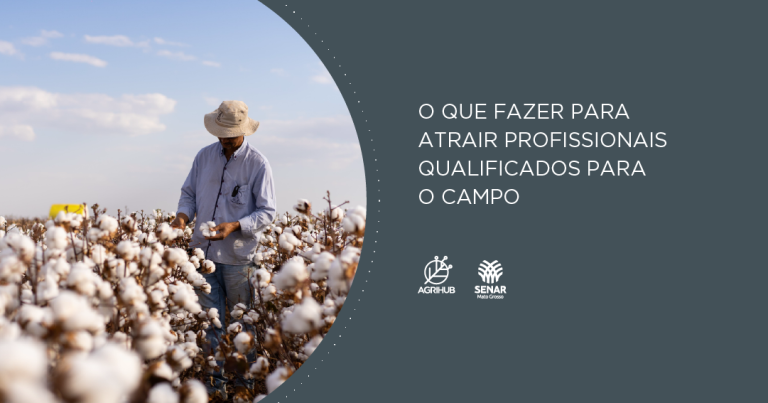 A imagem retrata um agricultor de chapéu de cor clara, camisa de botões de cor clara também enquanto olha para a plantação de algodão do lado esquerdo da imagem há uma escrita dizendo: O que fazer profissionais qualificados para o campo